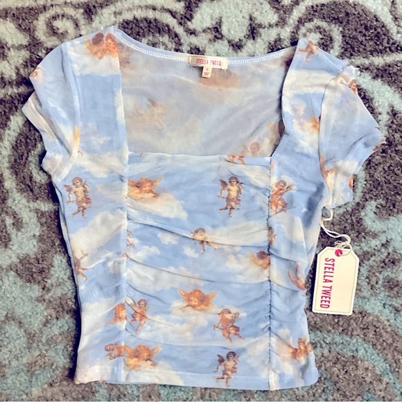 Stella Tweed Tops - Stella Tweed top light blue with baby angels NEW